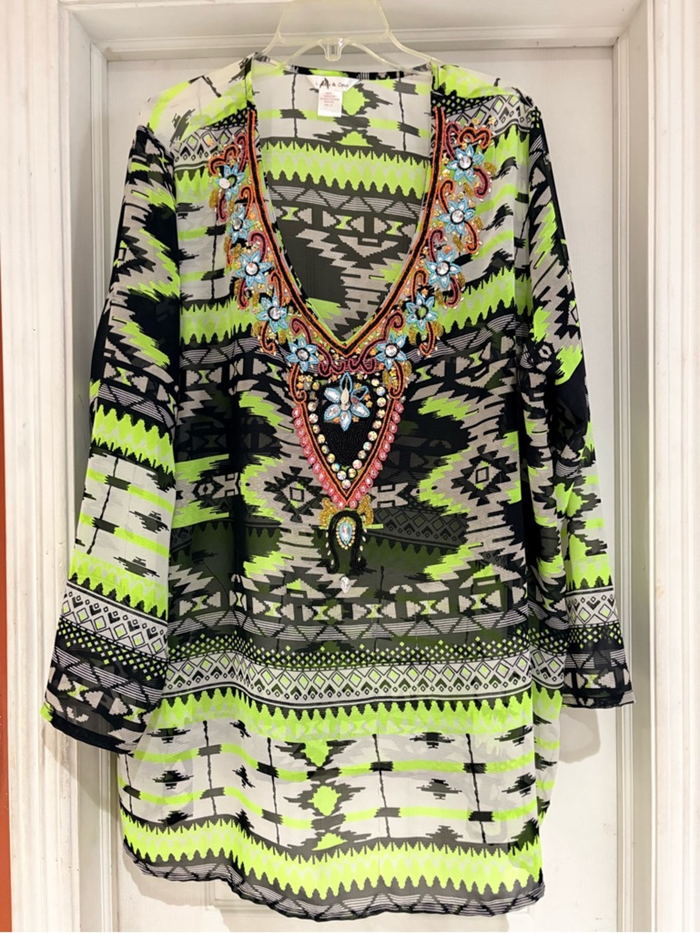 Lucky & Coco 3X Sheer Embellished V-Neck Tunic Top Neon Tribal Print